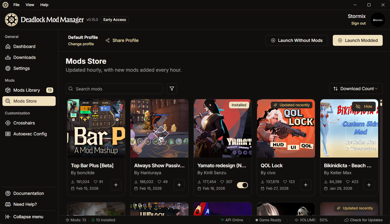 Deadlock Mod Manager mod store browse view with mod cards and filters