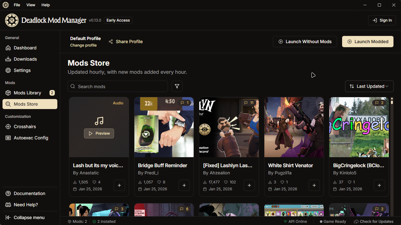 Deadlock Mod Manager main overview sorted by last updated