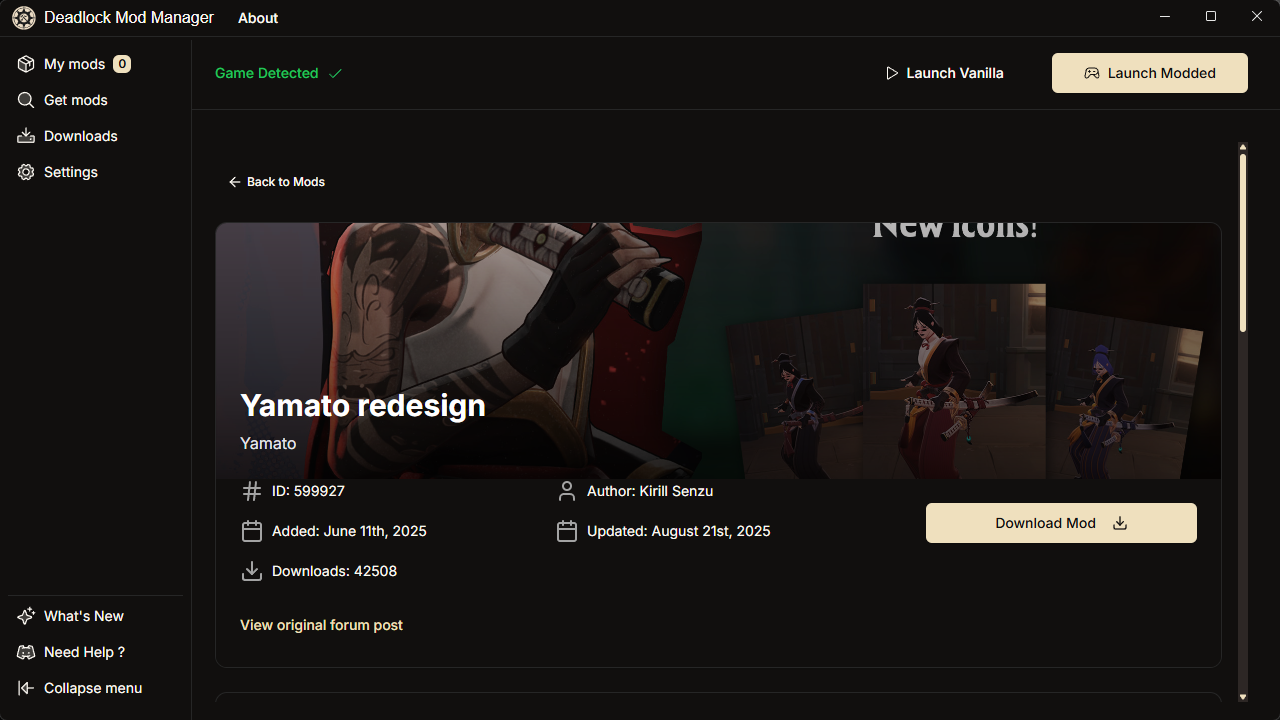 Deadlock Mod Manager individual mod detail page