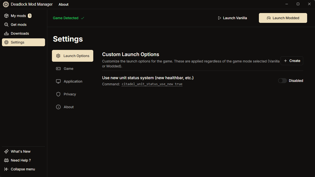 Deadlock Mod Manager settings page with launch options